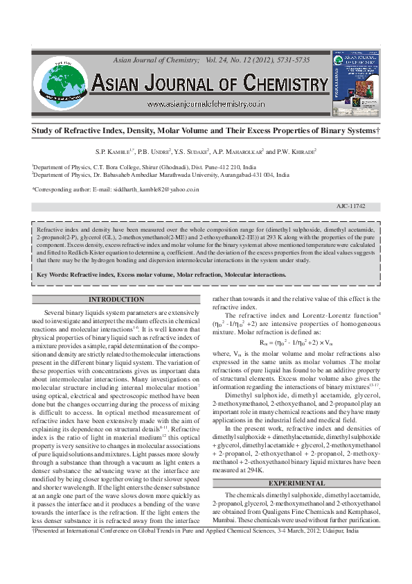 (PDF) Study of Refractive Index, Density, Molar volume and their Excess ...