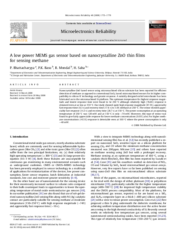 (PDF) A low power MEMS gas sensor based on nanocrystalline ZnO thin ...