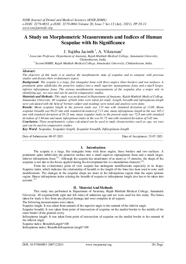 (PDF) A Study on Morphometric Measurements and Indices of Human ...
