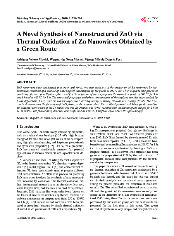 (PDF) A Novel Synthesis of Nanostructured ZnO via Thermal Oxidation of ...