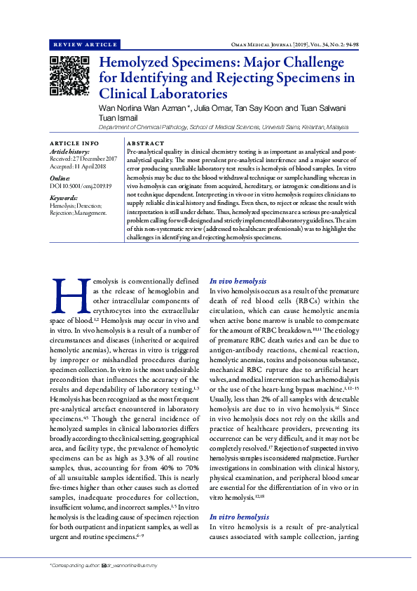 (PDF) Hemolyzed Specimens: Major Challenge for Identifying and ...