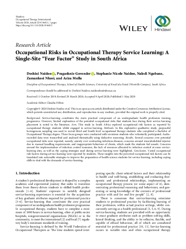 (PDF) Occupational Risks in Occupational Therapy Service Learning: A ...