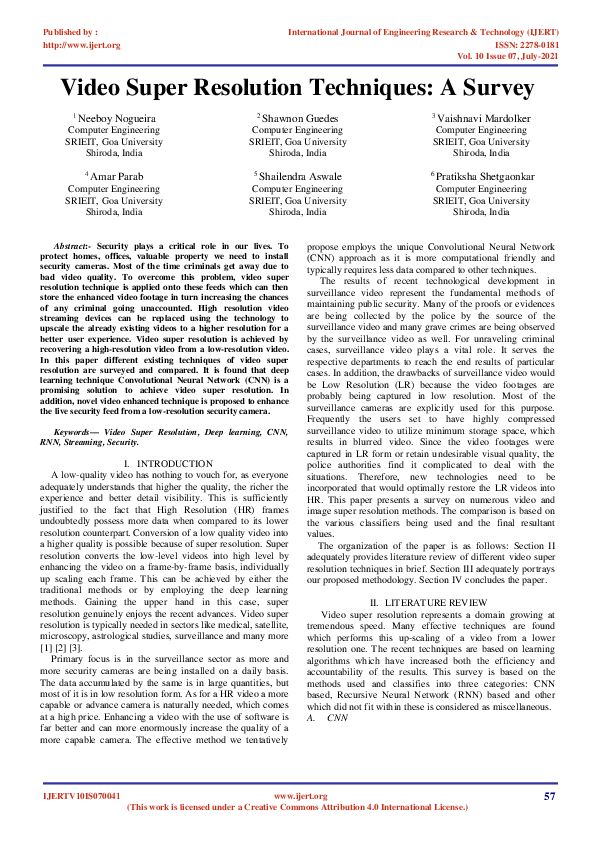 (PDF) IJERT-Video Super Resolution Techniques: A Survey
