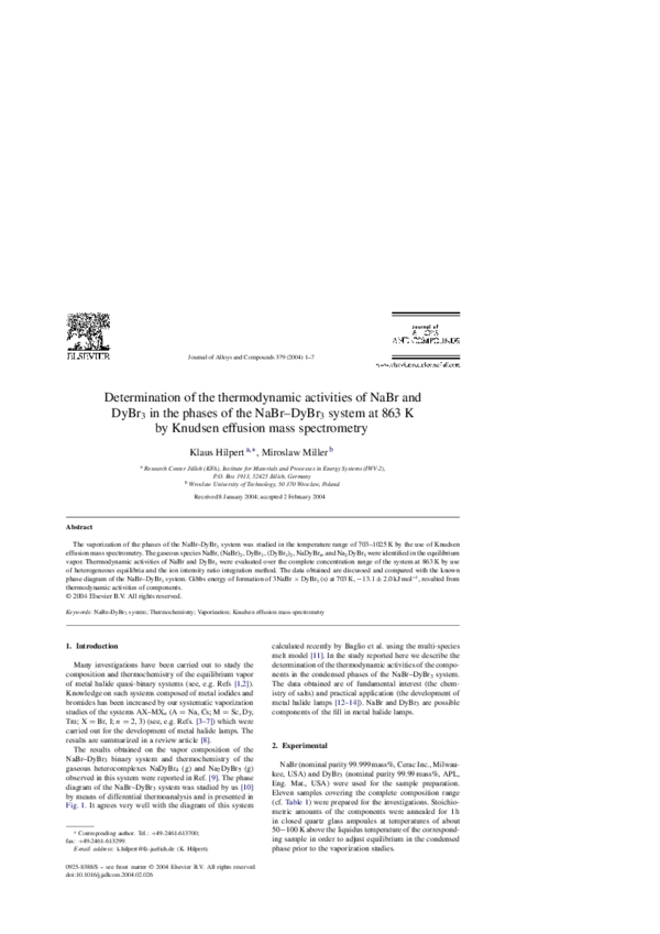 (PDF) Determination of the thermodynamic activities of NaBr and DyBr3 ...
