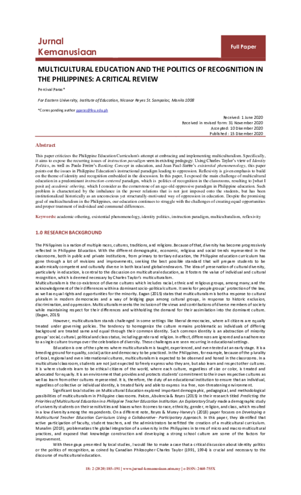 (PDF) Multicultural Education and the Politics of Recognition in the ...
