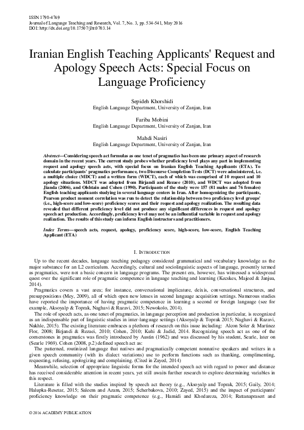 (PDF) Iranian English Teaching Applicants' Request and Apology Speech ...