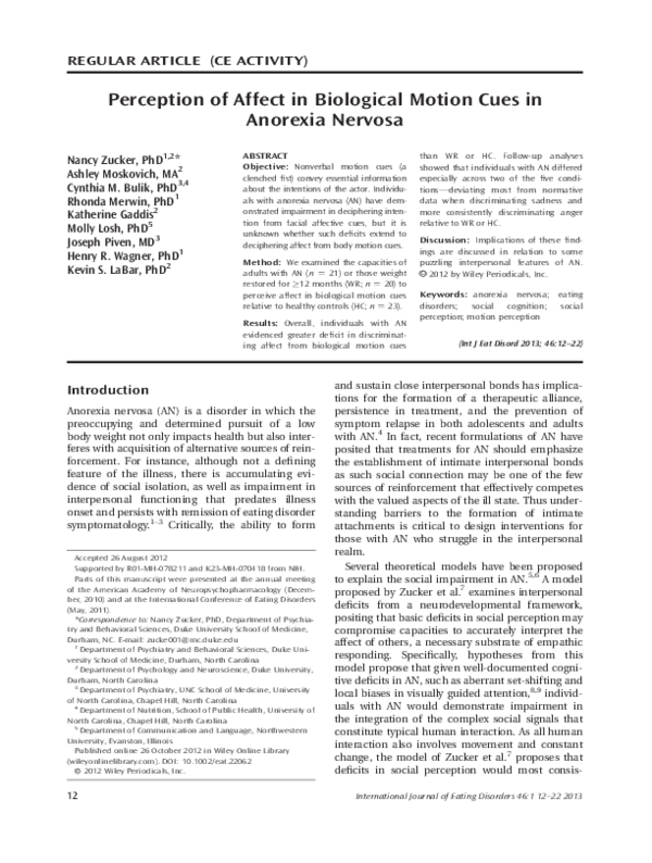 (PDF) Perception of affect in biological motion cues in anorexia nervosa