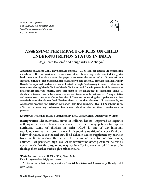 (PDF) ASSESSING THE IMPACT OF ICDS ON CHILD UNDER-NUTRITION STATUS IN INDIA