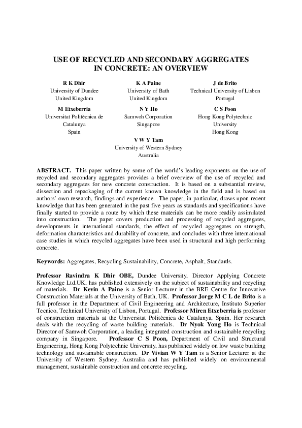 (PDF) Use of recycled and secondary aggregates in concrete: an overview