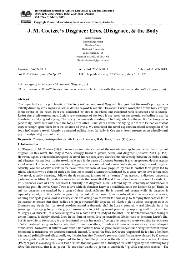 (PDF) J. M. Coetzee’s Disgrace: Eros, (Dis)grace, & the Body