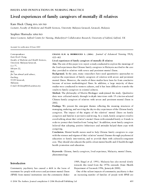 (PDF) Lived experiences of family caregivers of mentally ill relatives