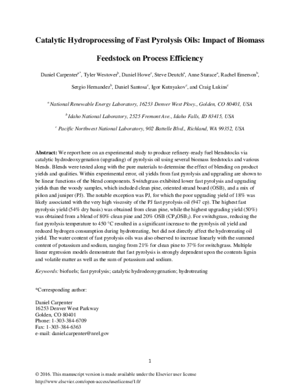 (PDF) Catalytic hydroprocessing of fast pyrolysis oils: Impact of ...