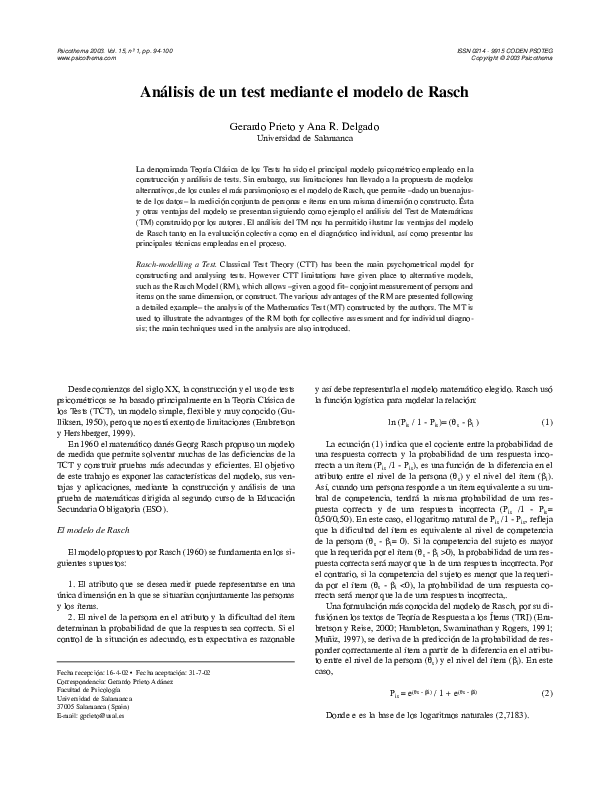 (PDF) Análisis de un test mediante el modelo de Rasch