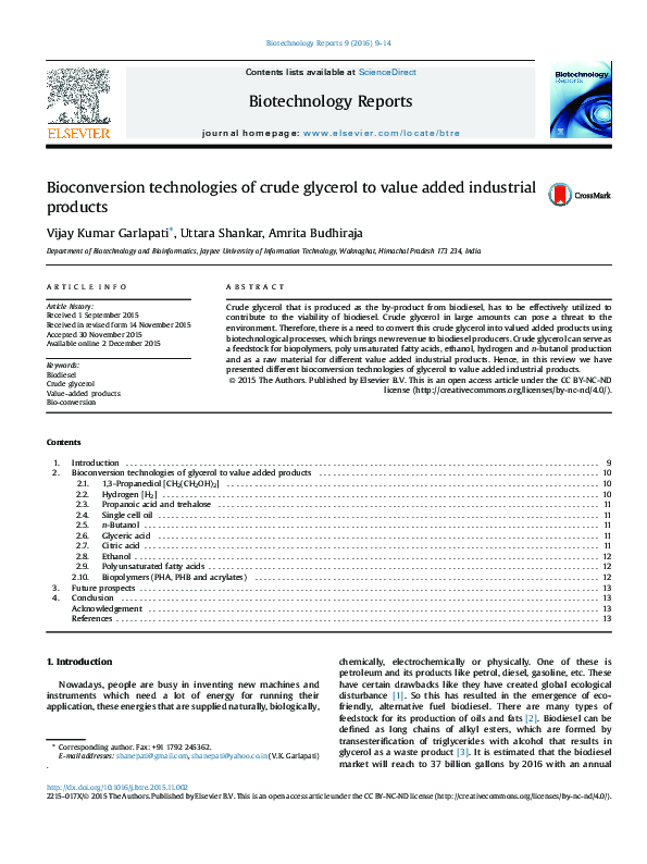 (PDF) Bioconversion technologies of crude glycerol to value added ...
