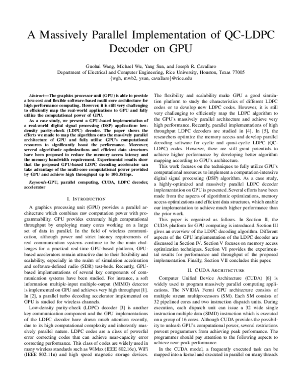 (PDF) A massively parallel implementation of QC-LDPC decoder on GPU