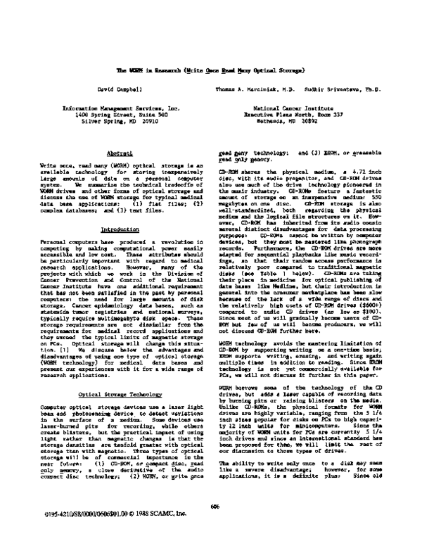 (PDF) The WORM in Research (Write Once Read Many Optical Storage