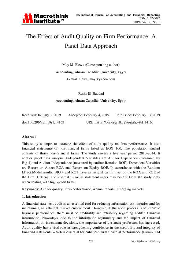 (PDF) The Effect of Audit Quality on Firm Performance: A Panel Data ...