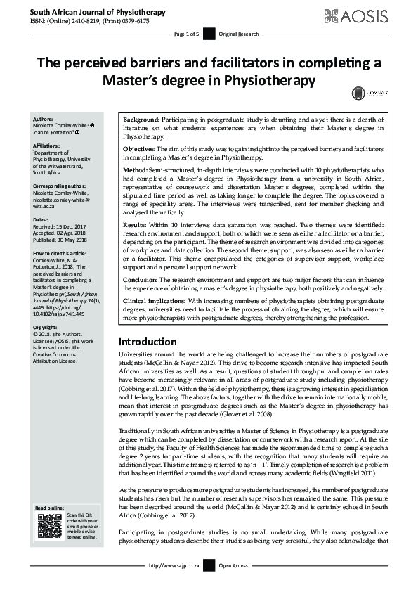 (PDF) The perceived barriers and facilitators in completing a Master’s ...