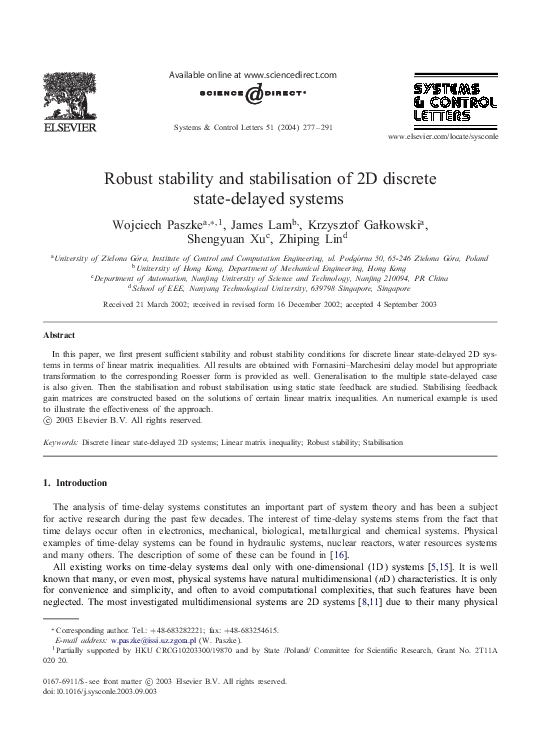 (PDF) Robust stability and stabilisation of 2D discrete state-delayed ...