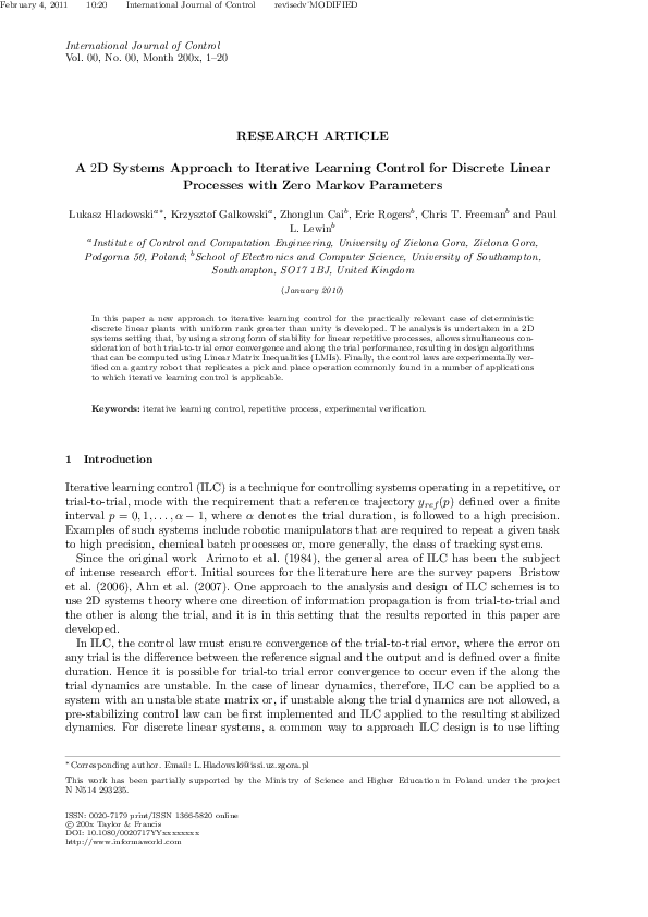 (PDF) A 2D Systems Approach to Iterative Learning Control for Discrete ...