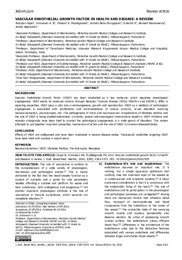(PDF) Vascular Endothelial Growth Factor in Health and Disease: A Review