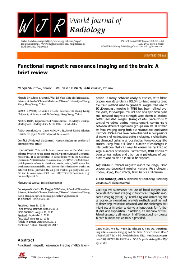 (PDF) Functional magnetic resonance imaging and the brain: A brief review