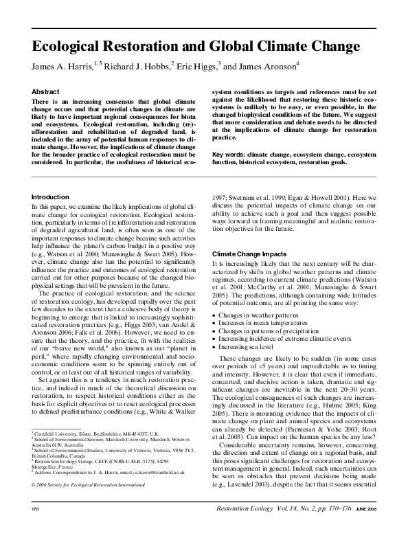 (PDF) Ecological Restoration and Global Climate Change