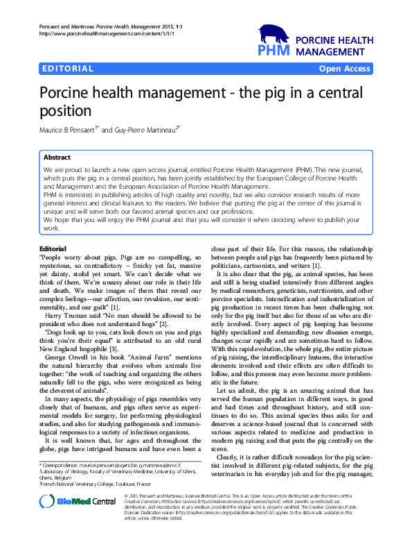 (PDF) Porcine health management the pig in a central position