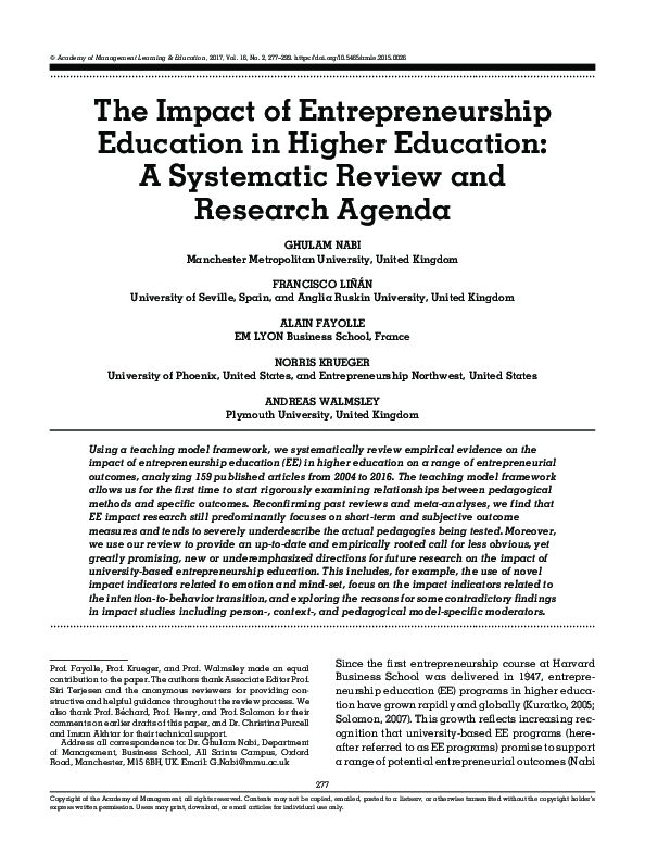 (PDF) The Impact of Entrepreneurship Education in Higher Education: A ...