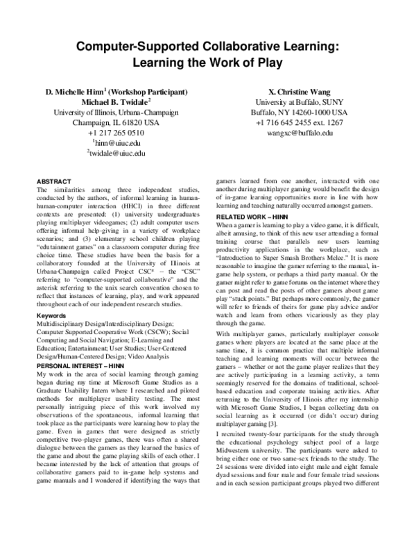 (PDF) Computer-Supported Collaborative Learning: Learning the Work of Play