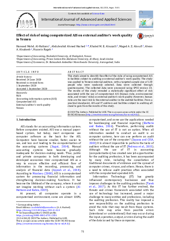 Pdf Effect Of Risk Of Using Computerized Ais On External Auditor S