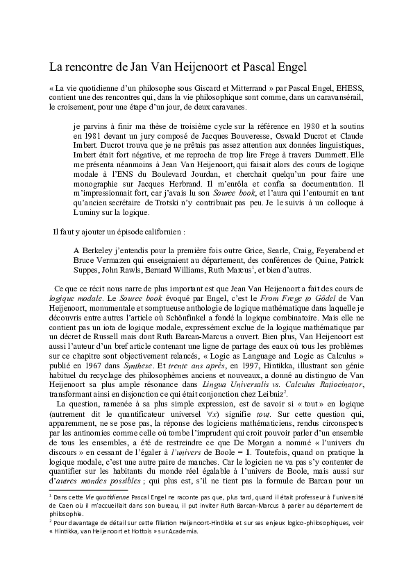 (DOC) La rencontre de Jan Van Heijenoort et Pascal Engel