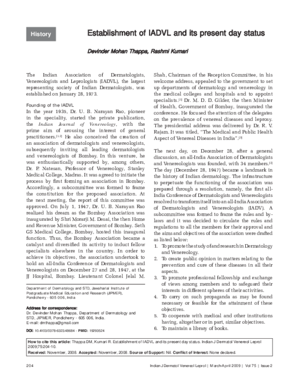 (PDF) Establishment of IADVL and its present day status