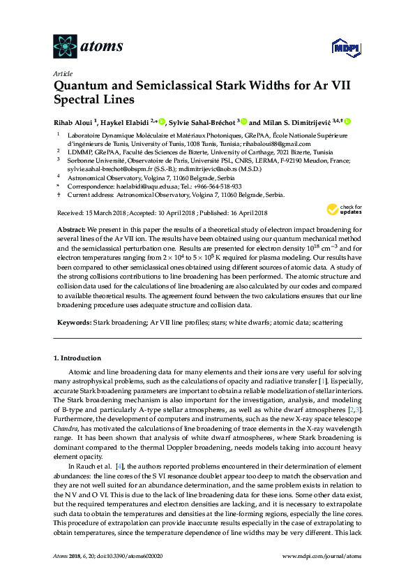 (PDF) Quantum and Semiclassical Stark Widths for Ar VII Spectral Lines