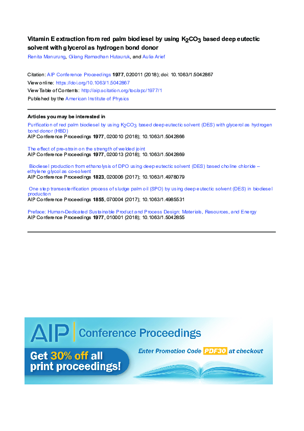 Vitamin E extraction from red palm biodiesel by using K2CO3 based deep eutectic solvent with glycerol as hydrogen bond donor