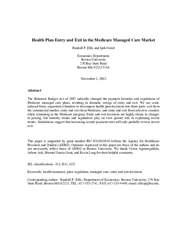 (PDF) Health plan entry and exit in the Medicare managed care market