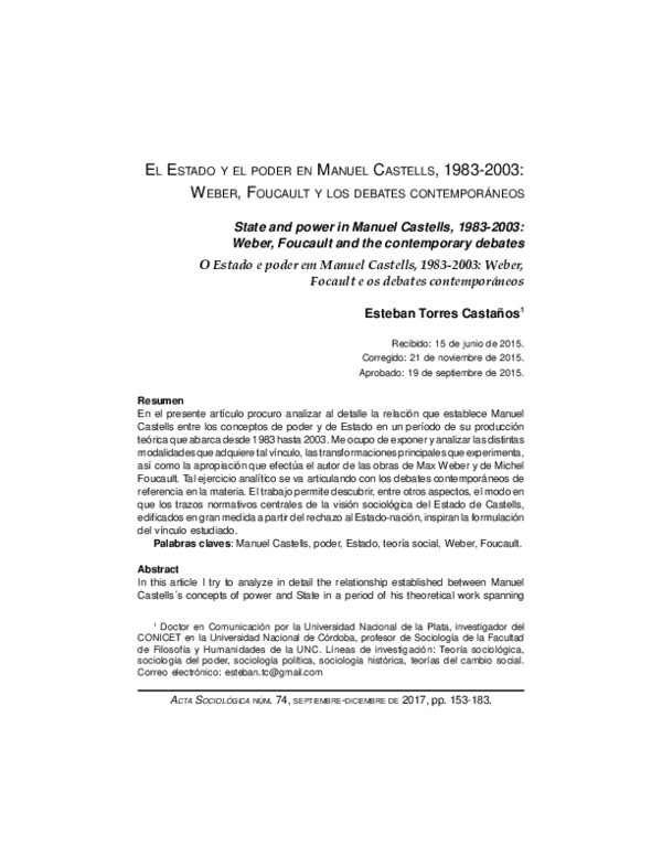 Pdf El Estado Y El Poder En Manuel Castells 1983 2003 Weber
