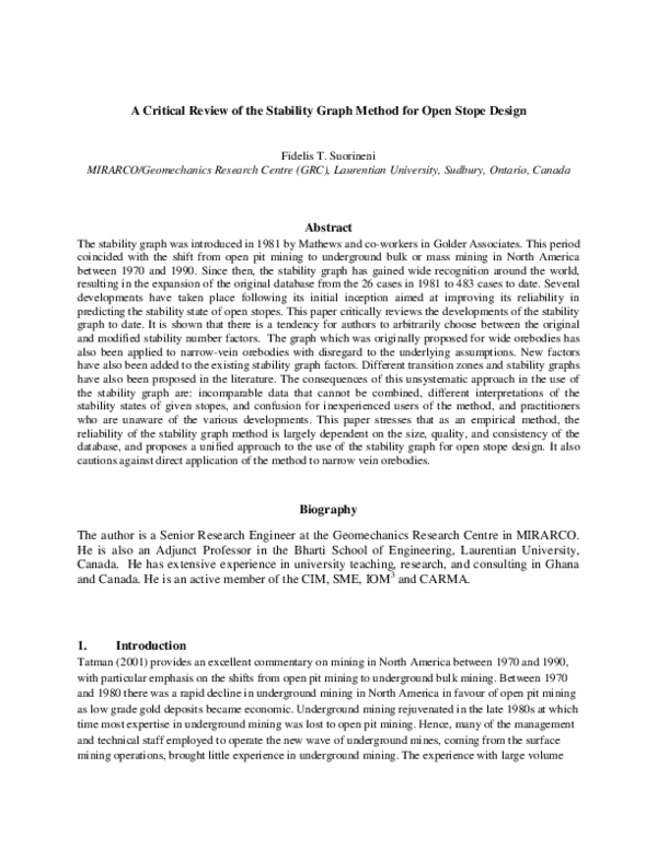 (PDF) A Critical Review of the Stability Graph Method for Open Stope Design