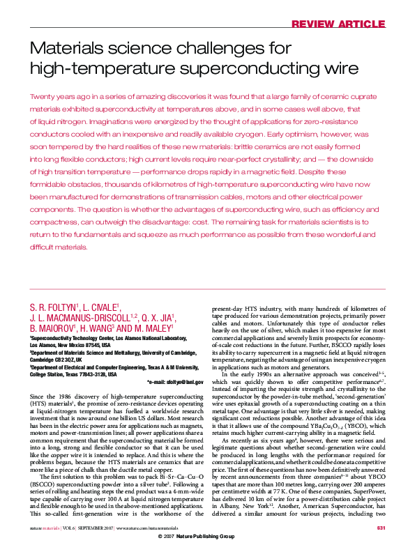 (PDF) Materials science challenges for high-temperature superconducting ...