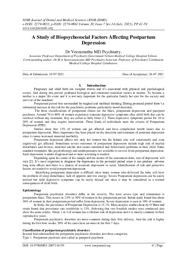 (PDF) A Study of Biopsychosocial Factors Affecting Postpartum Depression