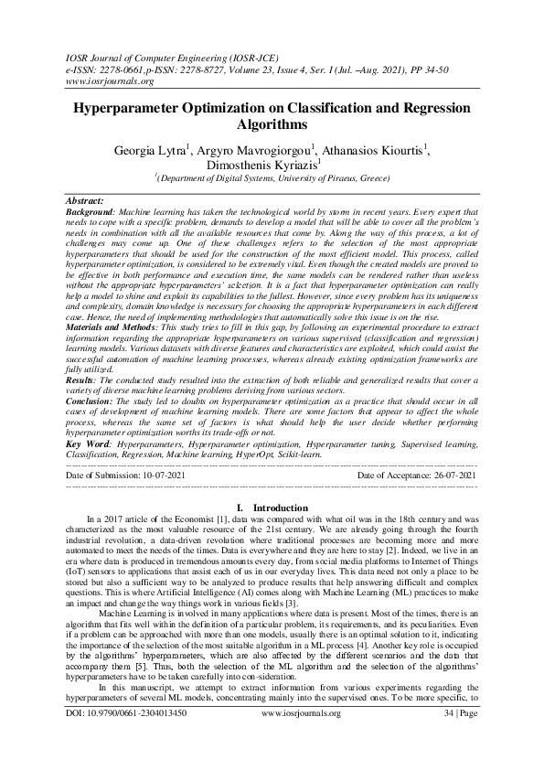 (PDF) Hyperparameter Optimization on Classification and Regression ...