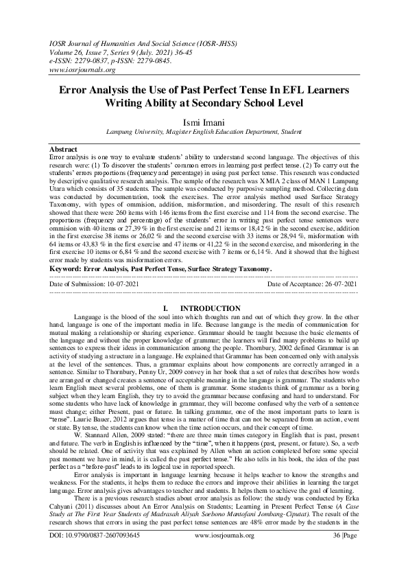 (PDF) Error Analysis the Use of Past Perfect Tense In EFL Learners ...