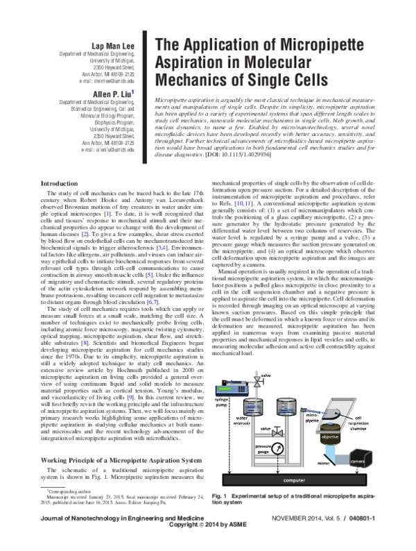 (PDF) The Application of Micropipette Aspiration in Molecular Mechanics of Single Cells Lap