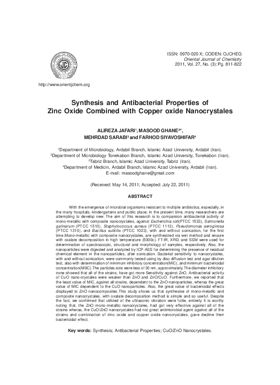 (PDF) Synthesis and Antibacterial Properties of Zinc Oxide Combined ...