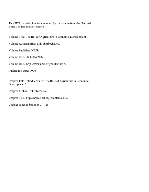 (PDF) Introduction to "The Role of Agriculture in Economic Development