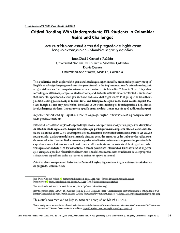 (PDF) Critical Reading With Undergraduate EFL Students in Colombia ...