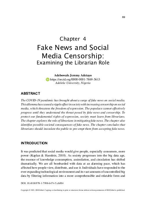 (PDF) Fake News and Social Media Censorship Examining the Librarian Role