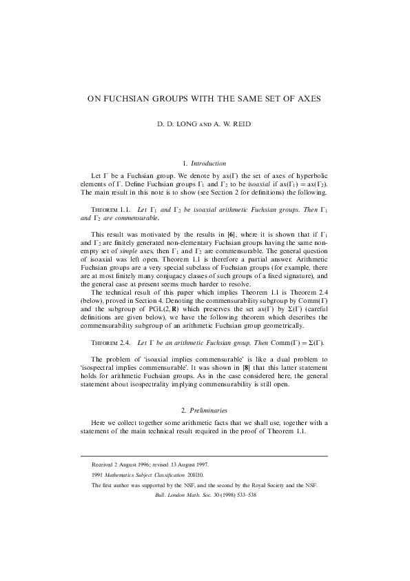 (PDF) On Fuchsian Groups with the Same Set of Axes Darren Long