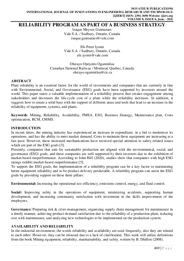(PDF) RELIABILITY PROGRAM AS PART OF A BUSINESS STRATEGY