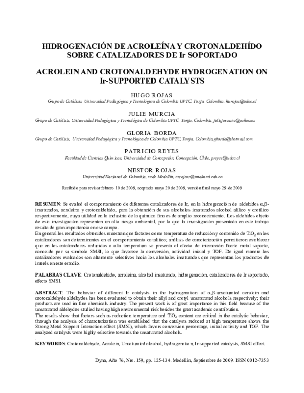 (PDF) Acrolein and Crotonaldehyde Hydrogenation on Ir-Supported Catalysts